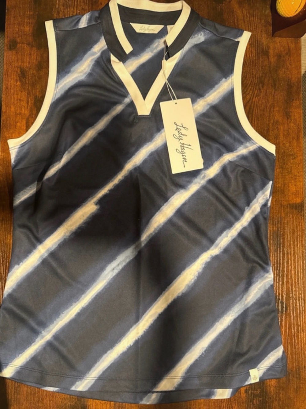 NWT Lady Hagen Navy & White Diagonal Stripe Sleeveless Golf Top